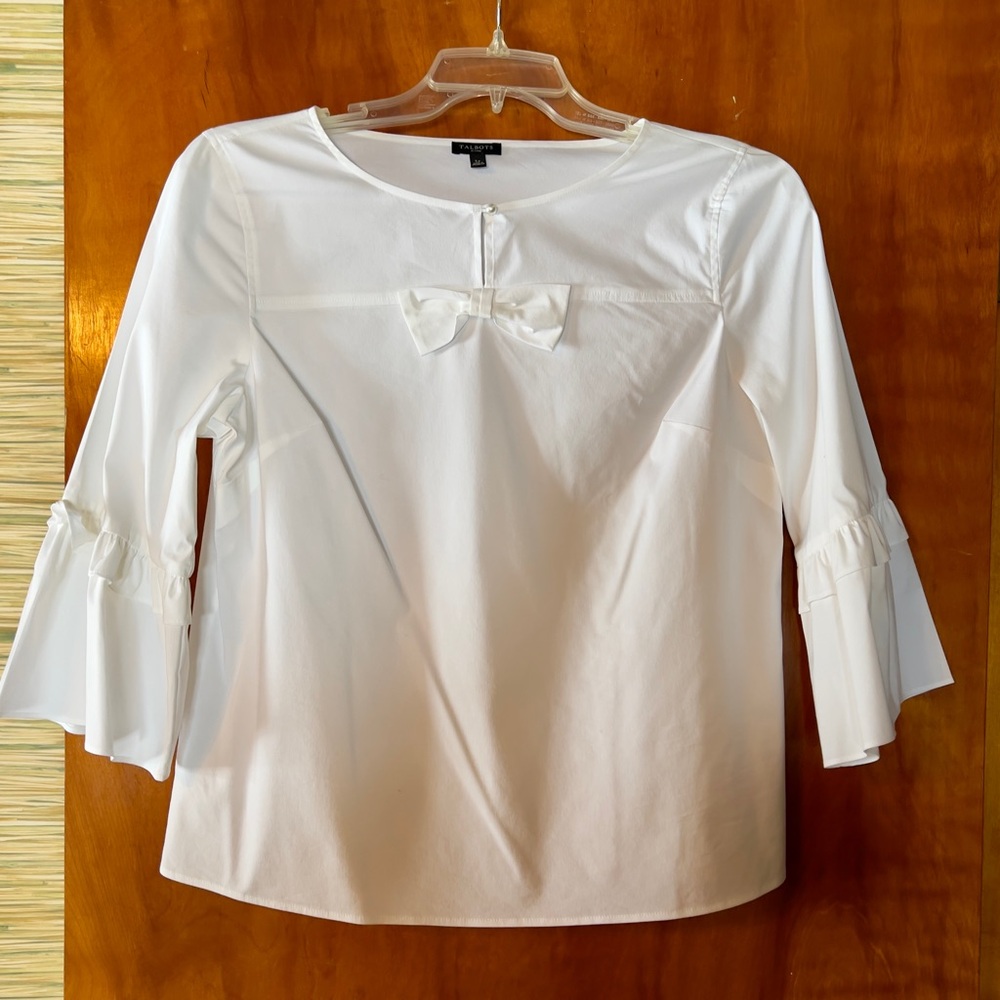 Talbots white blouse with bow and pearl details in stretchy carefree fabric.